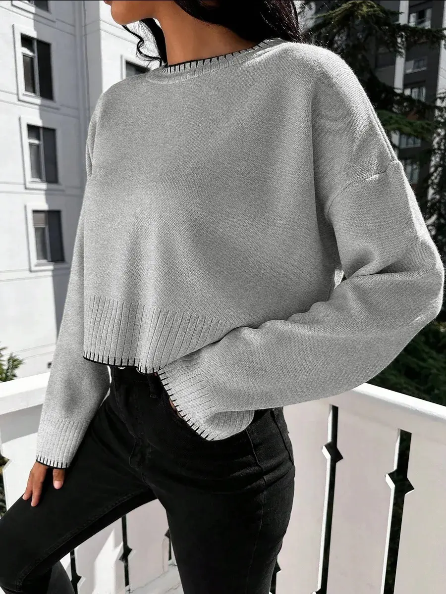Cross-border Amazon high-waisted color-block knit sweater for women, 2026 autumn and winter new style, loose casual short pullover sweater for women — feature 19