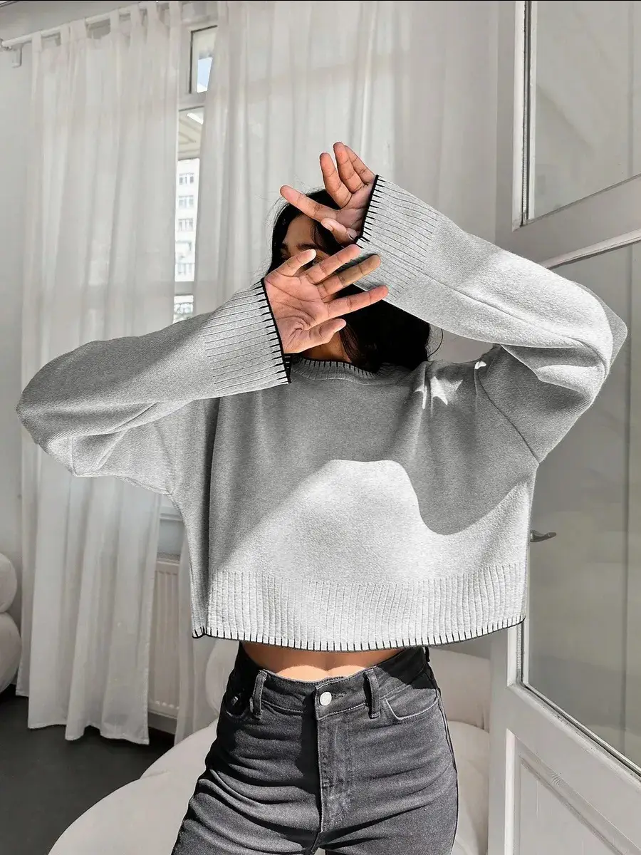 Cross-border Amazon high-waisted color-block knit sweater for women, 2026 autumn and winter new style, loose casual short pullover sweater for women — feature 20