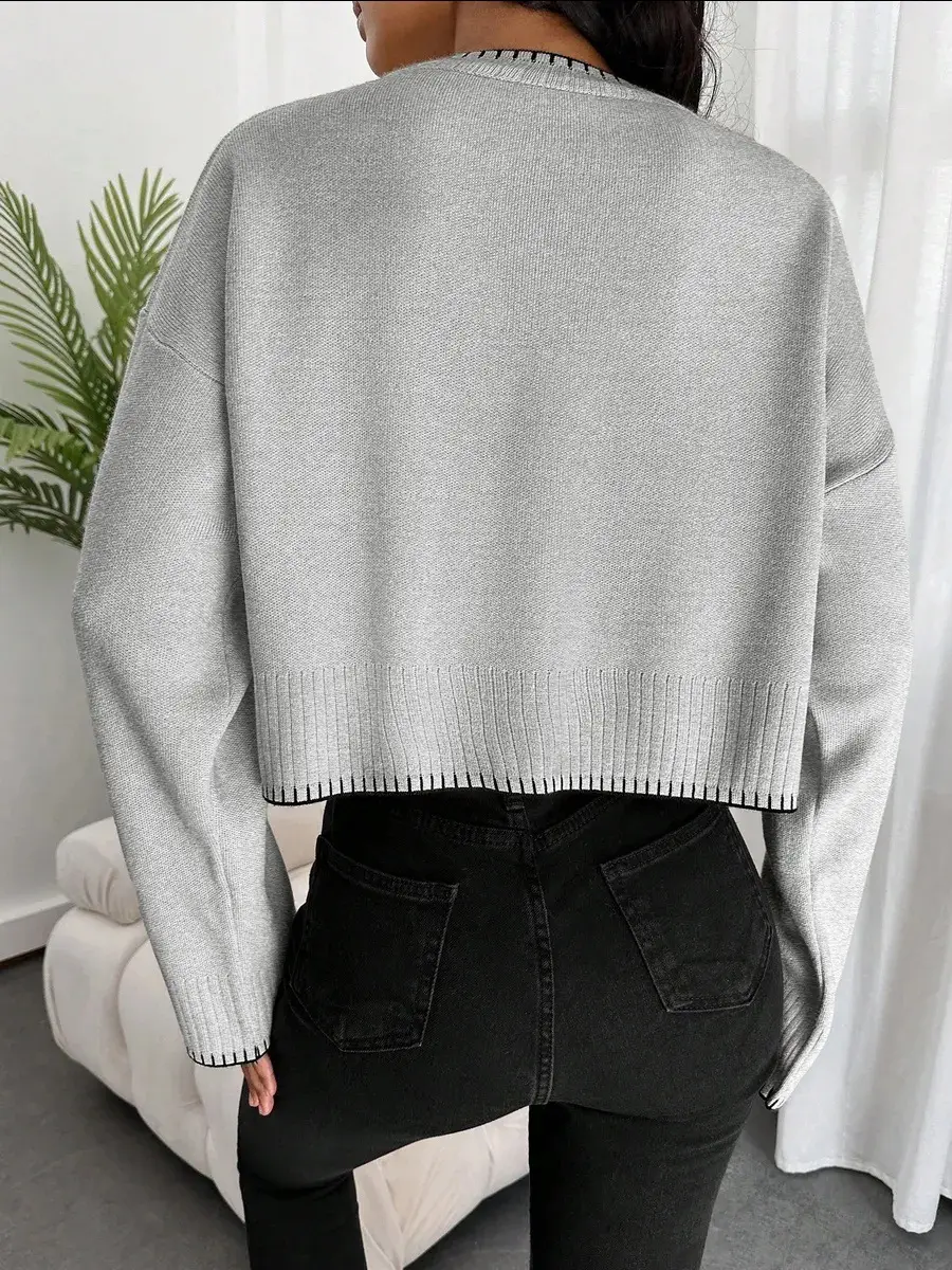 Cross-border Amazon high-waisted color-block knit sweater for women, 2026 autumn and winter new style, loose casual short pullover sweater for women — feature 21