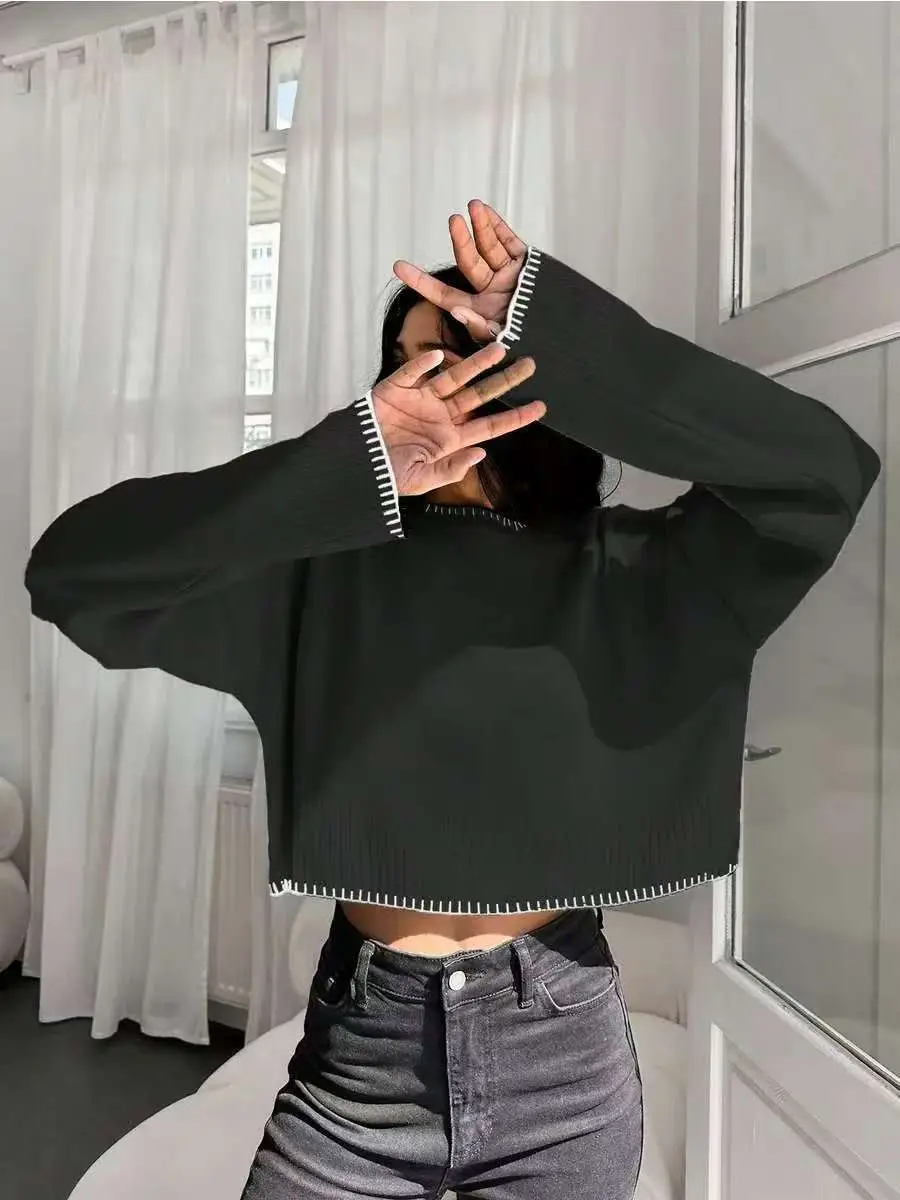 Cross-border Amazon high-waisted color-block knit sweater for women, 2026 autumn and winter new style, loose casual short pullover sweater for women — feature 22