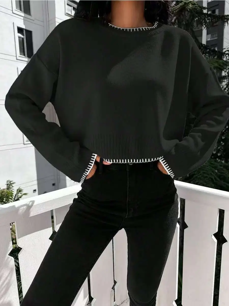Cross-border Amazon high-waisted color-block knit sweater for women, 2026 autumn and winter new style, loose casual short pullover sweater for women — feature 23