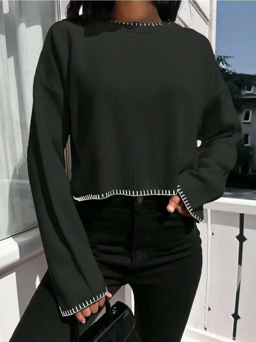 Cross-border Amazon high-waisted color-block knit sweater for women, 2026 autumn and winter new style, loose casual short pullover sweater for women — feature 24
