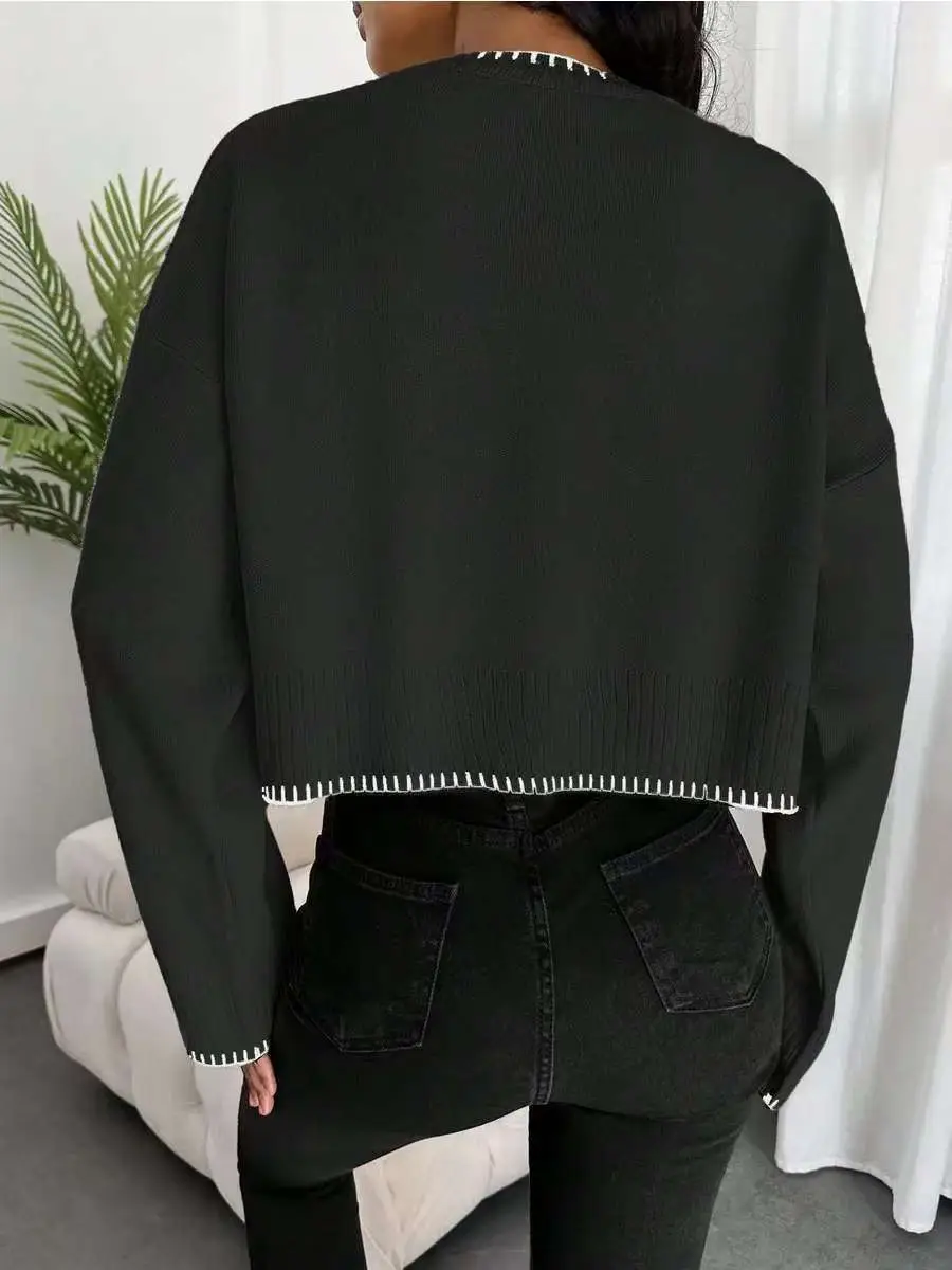 Cross-border Amazon high-waisted color-block knit sweater for women, 2026 autumn and winter new style, loose casual short pullover sweater for women — feature 25