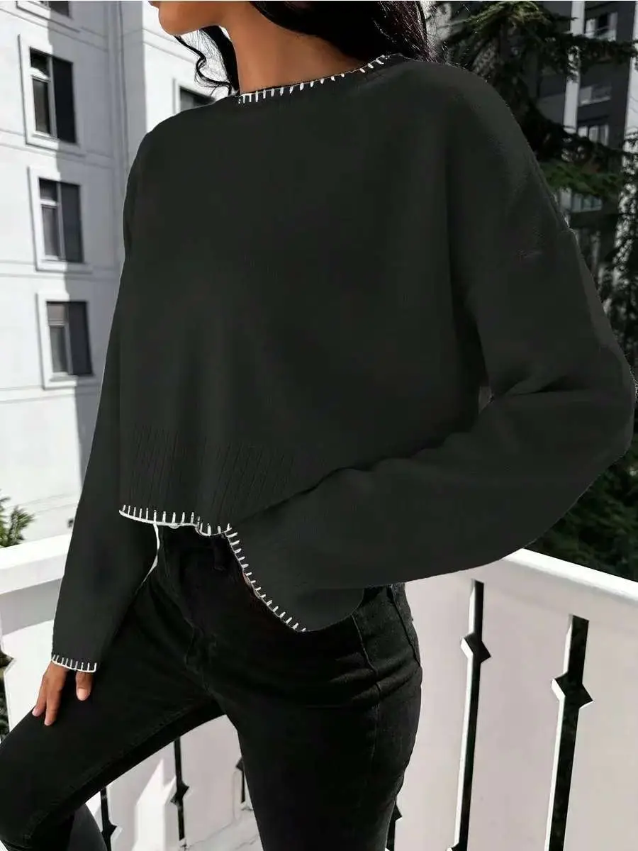 Cross-border Amazon high-waisted color-block knit sweater for women, 2026 autumn and winter new style, loose casual short pullover sweater for women — feature 26