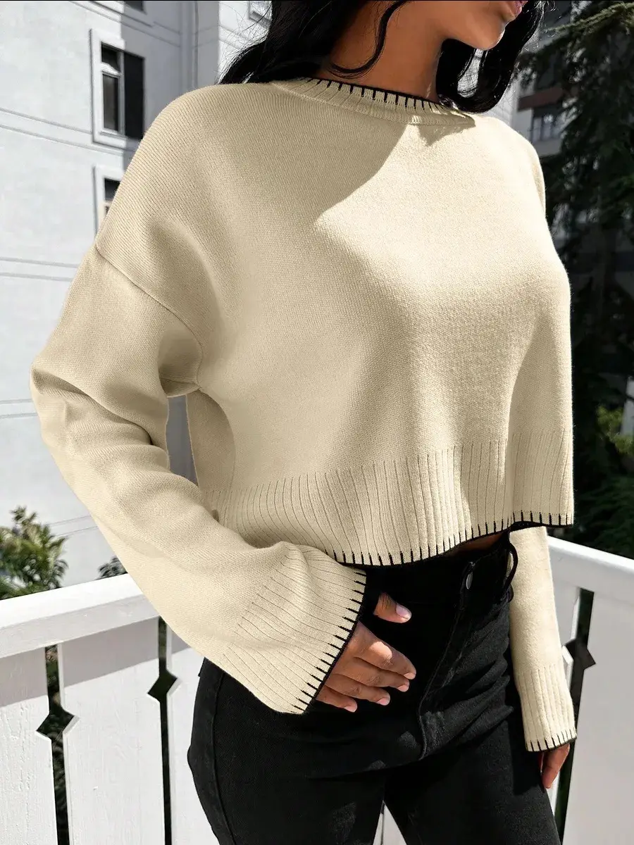 Cross-border Amazon high-waisted color-block knit sweater for women, 2026 autumn and winter new style, loose casual short pullover sweater for women — feature 4