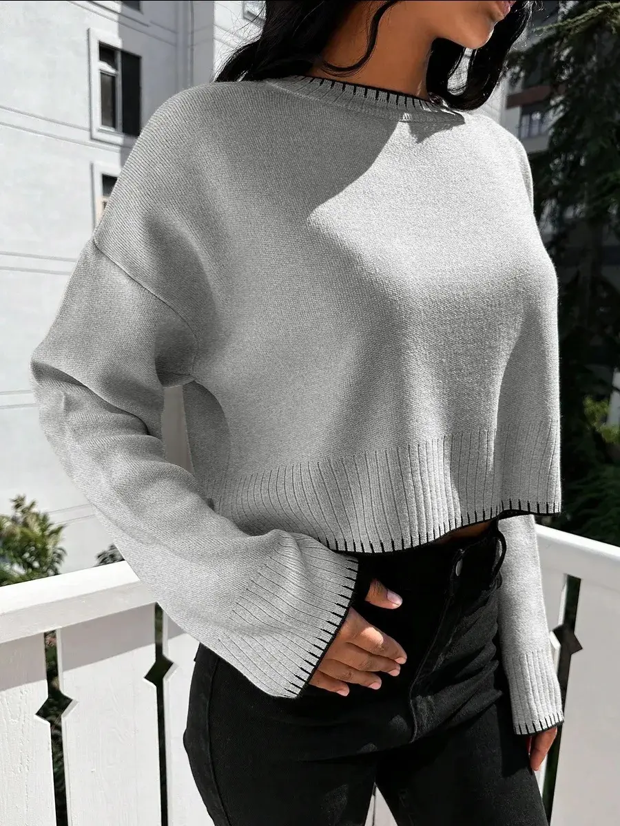 Cross-border Amazon high-waisted color-block knit sweater for women, 2026 autumn and winter new style, loose casual short pullover sweater for women — feature 5