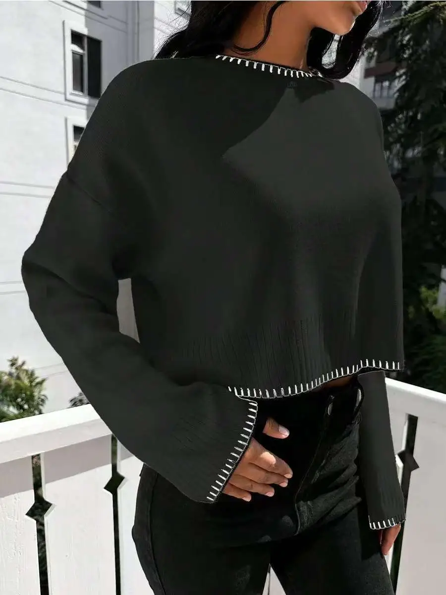 Cross-border Amazon high-waisted color-block knit sweater for women, 2026 autumn and winter new style, loose casual short pullover sweater for women — feature 6
