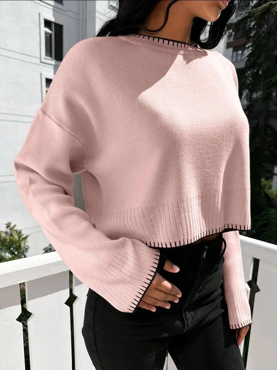 Cross-border Amazon high-waisted color-block knit sweater for women, 2026 autumn and winter new style, loose casual short pullover sweater for women — feature 7