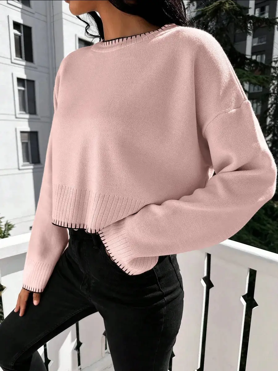 Cross-border Amazon high-waisted color-block knit sweater for women, 2026 autumn and winter new style, loose casual short pullover sweater for women — feature 8