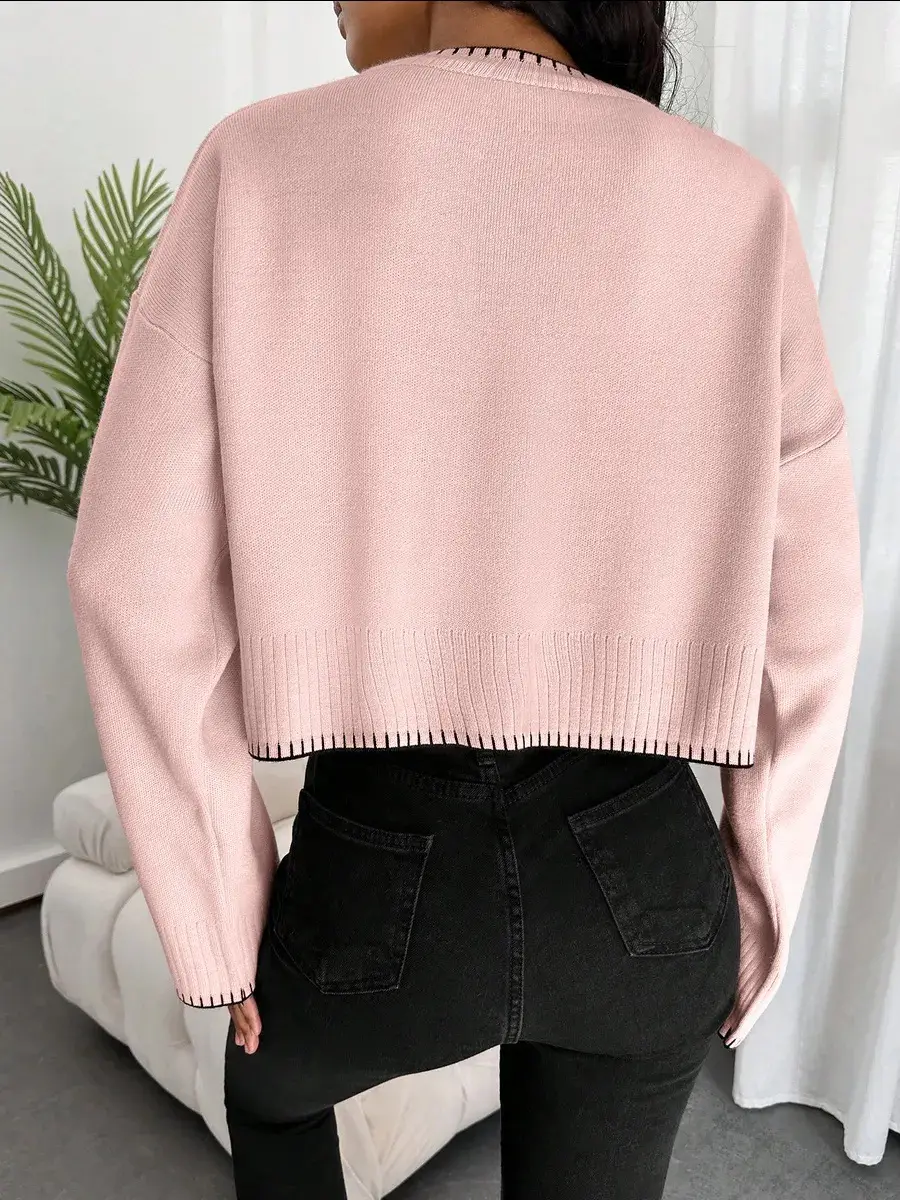 Cross-border Amazon high-waisted color-block knit sweater for women, 2026 autumn and winter new style, loose casual short pullover sweater for women — feature 9