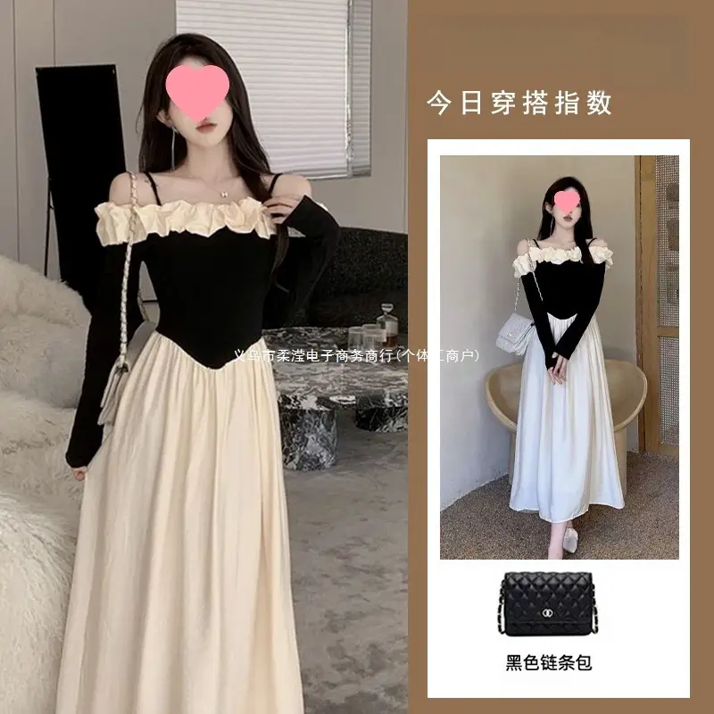 2026 One-shoulder color-blocked strap dress for women, new autumn French-style slim-fit waist-cinching elegant long dress