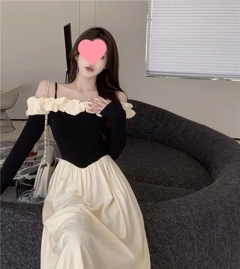 2026 One-shoulder color-blocked strap dress for women, new autumn French-style slim-fit waist-cinching elegant long dress — feature 2