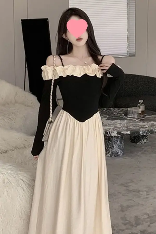 2026 One-shoulder color-blocked strap dress for women, new autumn French-style slim-fit waist-cinching elegant long dress — feature 3