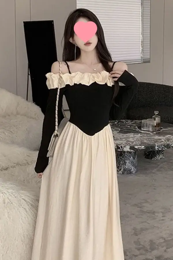 2026 One-shoulder color-blocked strap dress for women, new autumn French-style slim-fit waist-cinching elegant long dress — feature 5