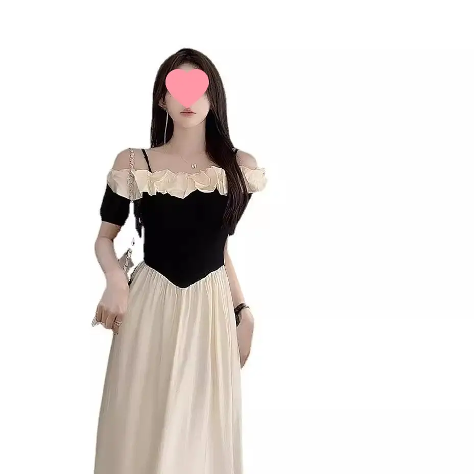 2026 One-shoulder color-blocked strap dress for women, new autumn French-style slim-fit waist-cinching elegant long dress — feature 7