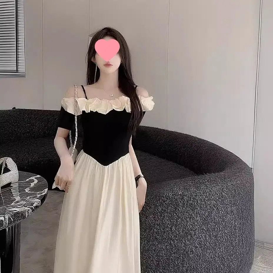2026 One-shoulder color-blocked strap dress for women, new autumn French-style slim-fit waist-cinching elegant long dress — feature 8