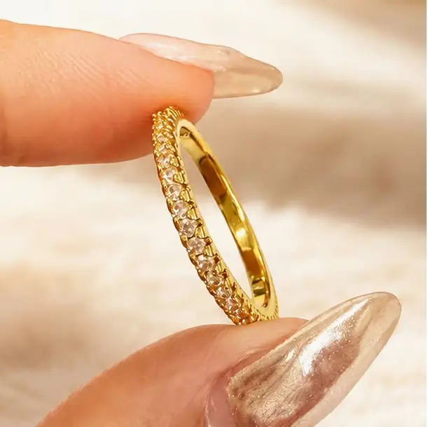 2mm single row diamond ring, copper inlaid with diamonds, full circle ring set with four-prong zircon, Korean style, elegant and simple silver ring