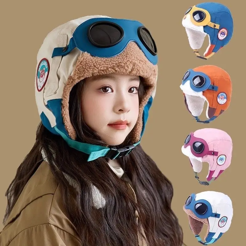 Children's Pilot Lei Feng Hat for Older Kids, Outdoor Windproof, Fleece-Lined, Warm, Winter Skiing, Girls' Ear Protection Hat