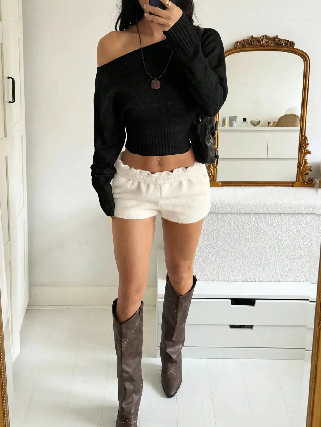 Cross-border women's fashion European and American pullover sweater for women, autumn and winter loose fit, off-shoulder, short, waist-exposed, sexy knit top — feature 16