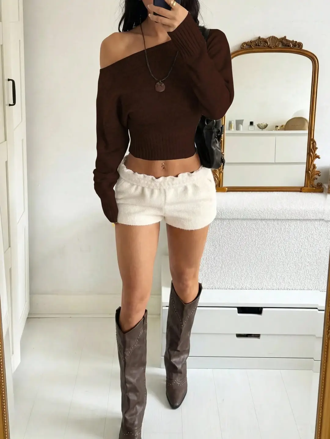 Cross-border women's fashion European and American pullover sweater for women, autumn and winter loose fit, off-shoulder, short, waist-exposed, sexy knit top — feature 23