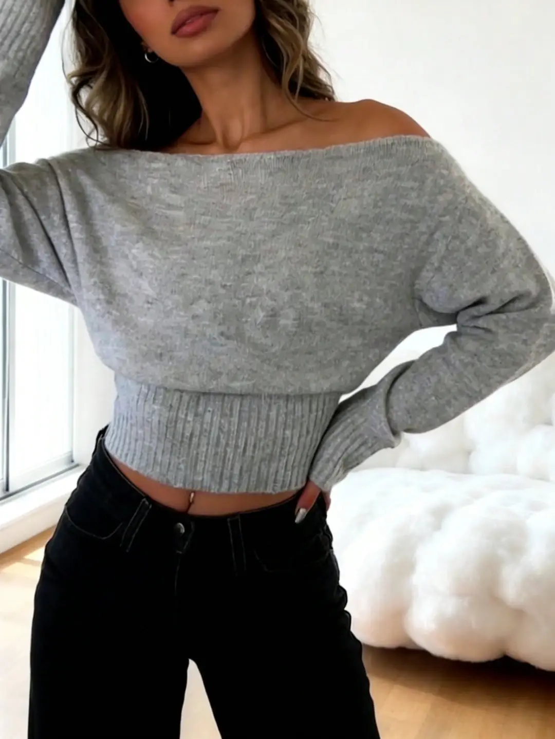Cross-border women's fashion European and American pullover sweater for women, autumn and winter loose fit, off-shoulder, short, waist-exposed, sexy knit top — feature 7