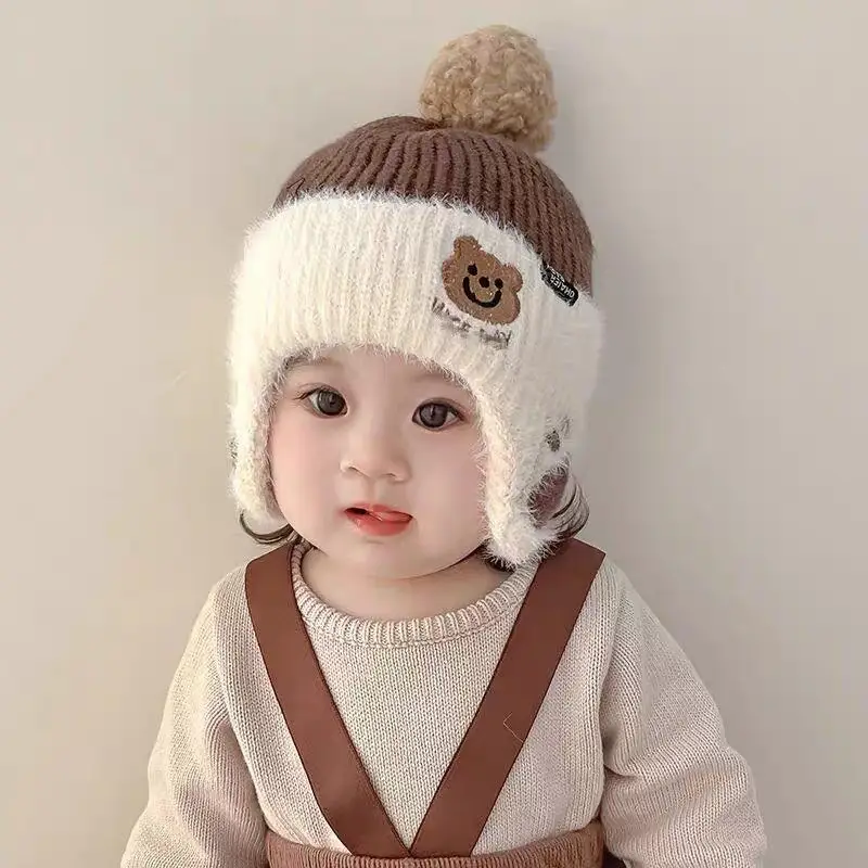 Winter children's warm hat, autumn and winter large brim girls' diamond-shaped windproof ear-protecting baby knitted wool hat