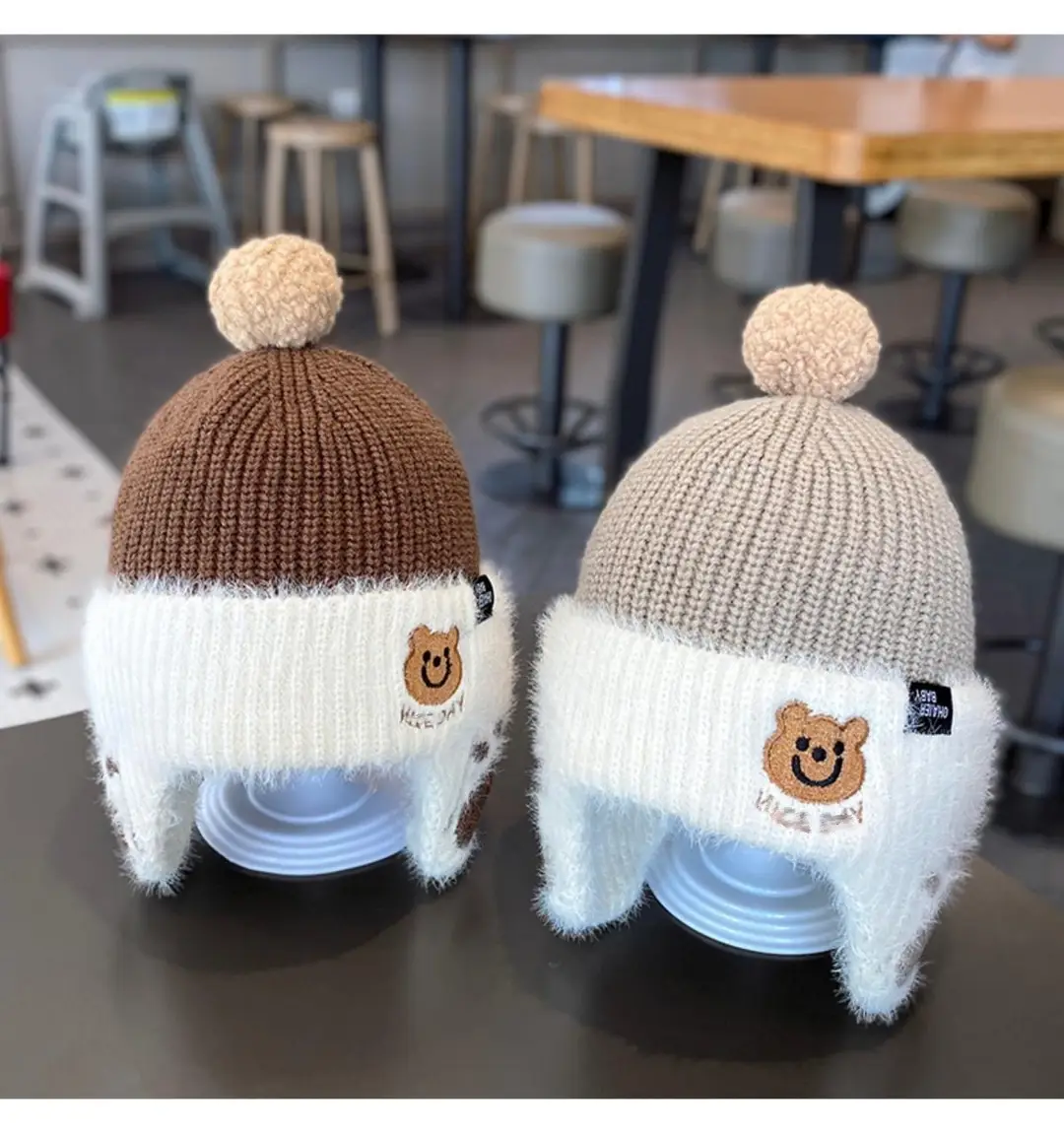 Winter children's warm hat, autumn and winter large brim girls' diamond-shaped windproof ear-protecting baby knitted wool hat — feature 7
