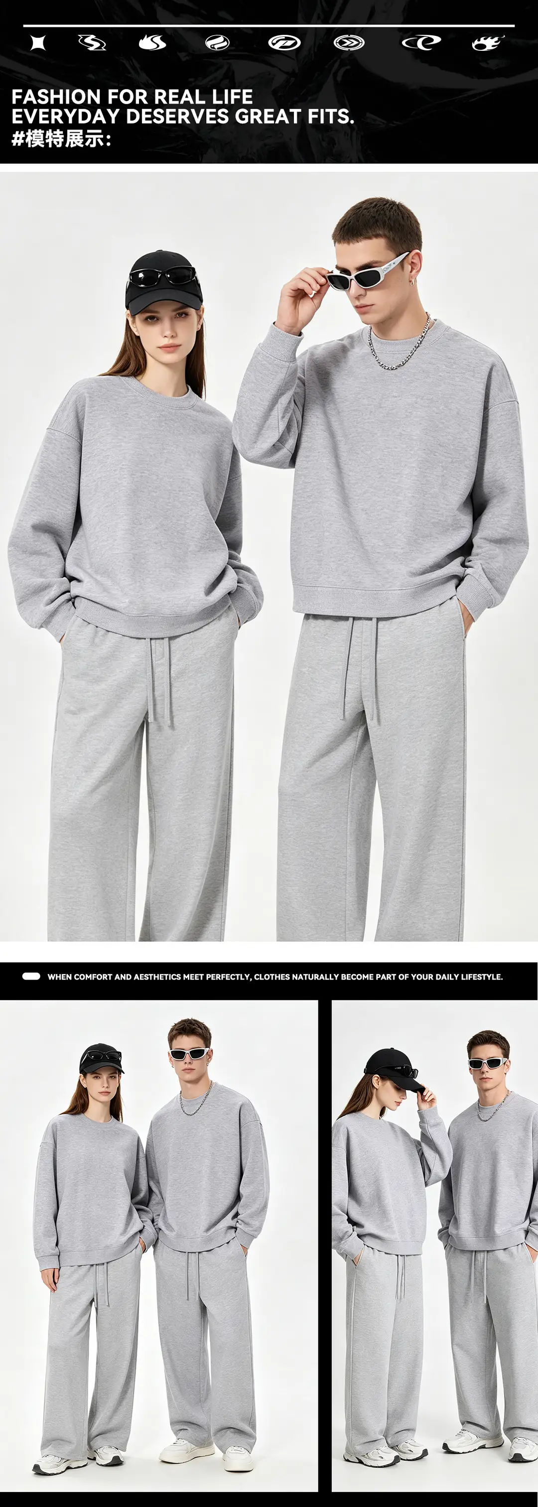 New Solid Color 350g Heavyweight Original Cotton Drop-Shoulder Crew Neck Sweatshirt for Men, Cross-Border Trendy Brand, Simple Basic Top and Pants — feature 24