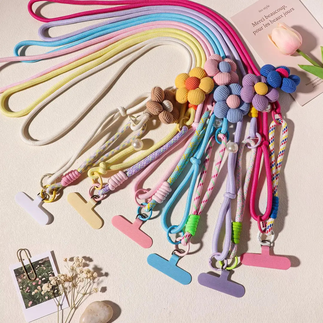 Wholesale mobile phone lanyard with floral design, long strap, pearl crossbody strap, suitable for both men and women, outdoor hiking strap, durable, card holder to prevent loss