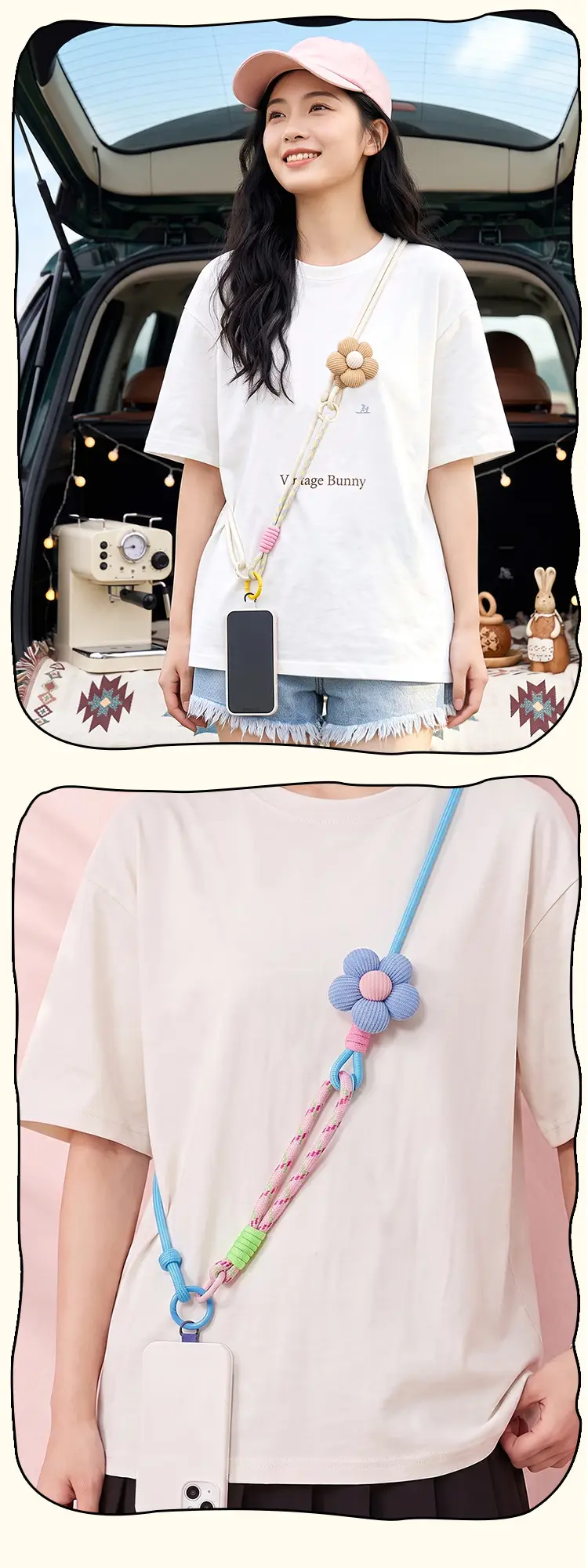 Wholesale mobile phone lanyard with floral design, long strap, pearl crossbody strap, suitable for both men and women, outdoor hiking strap, durable, card holder to prevent loss — feature 8