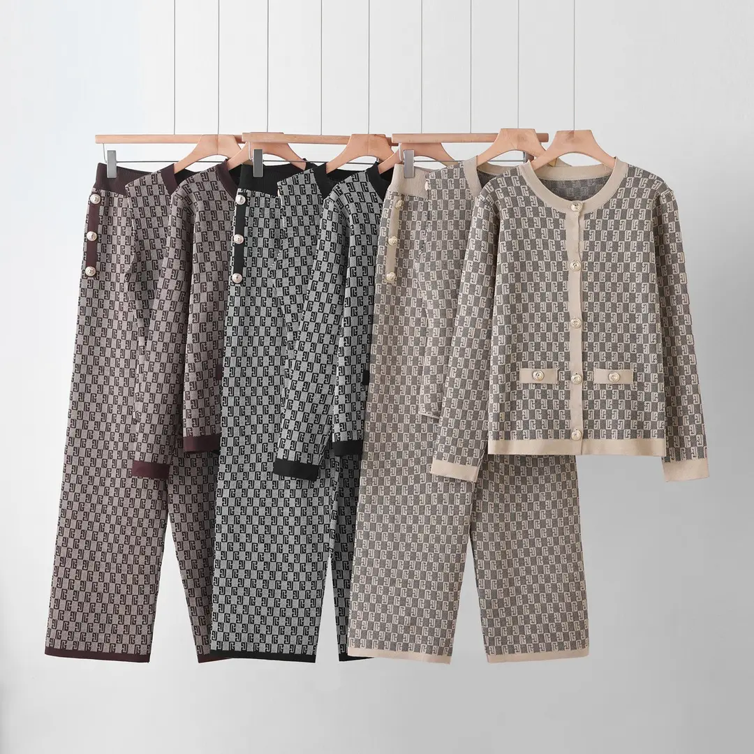 European fashion new style buttoned versatile slimming foreign trade wide-leg trendy V-neck vest cardigan knitted three-piece set