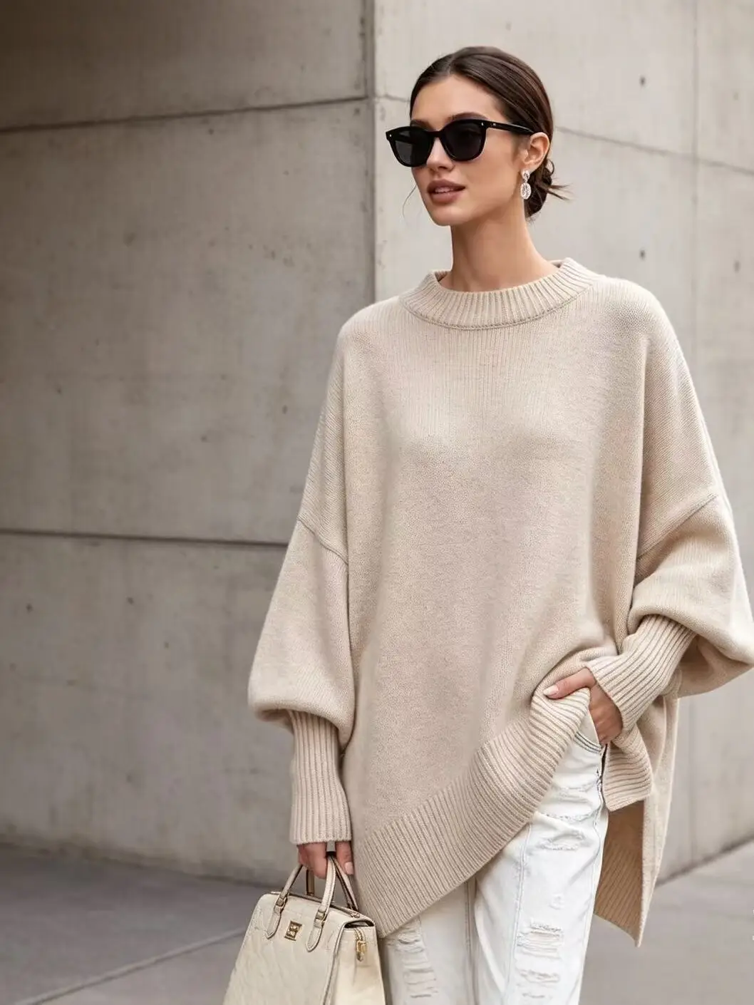 European and American cross-border 2026 autumn and winter round-neck pullover plus-size knit sweater, loose and casual style, solid color women's sweater