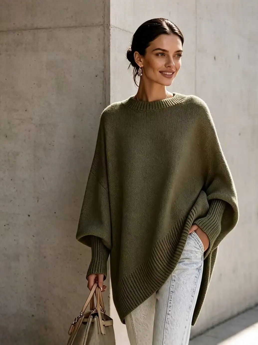 European and American cross-border 2026 autumn and winter round-neck pullover plus-size knit sweater, loose and casual style, solid color women's sweater