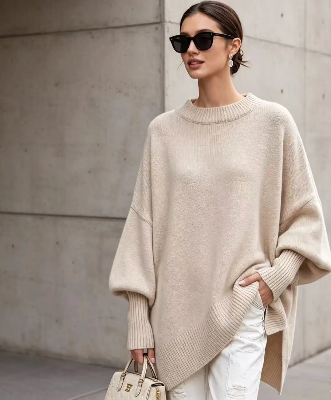 European and American cross-border 2026 autumn and winter round-neck pullover plus-size knit sweater, loose and casual style, solid color women's sweater — feature 7