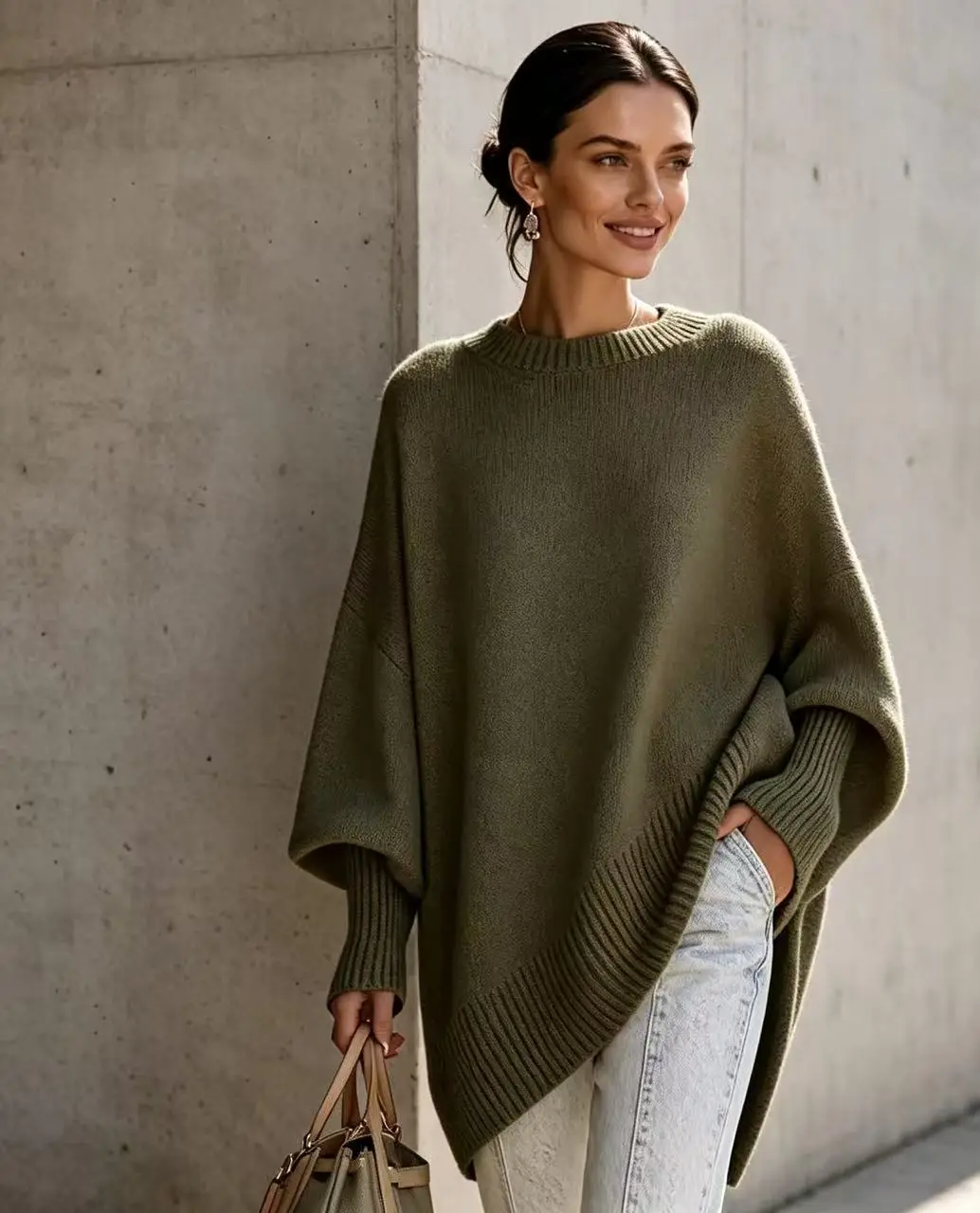 European and American cross-border 2026 autumn and winter round-neck pullover plus-size knit sweater, loose and casual style, solid color women's sweater