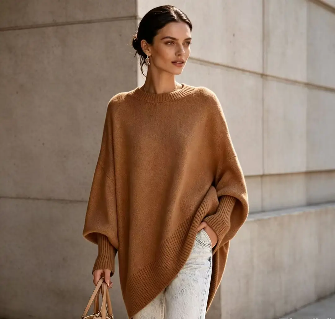 European and American cross-border 2026 autumn and winter round-neck pullover plus-size knit sweater, loose and casual style, solid color women's sweater