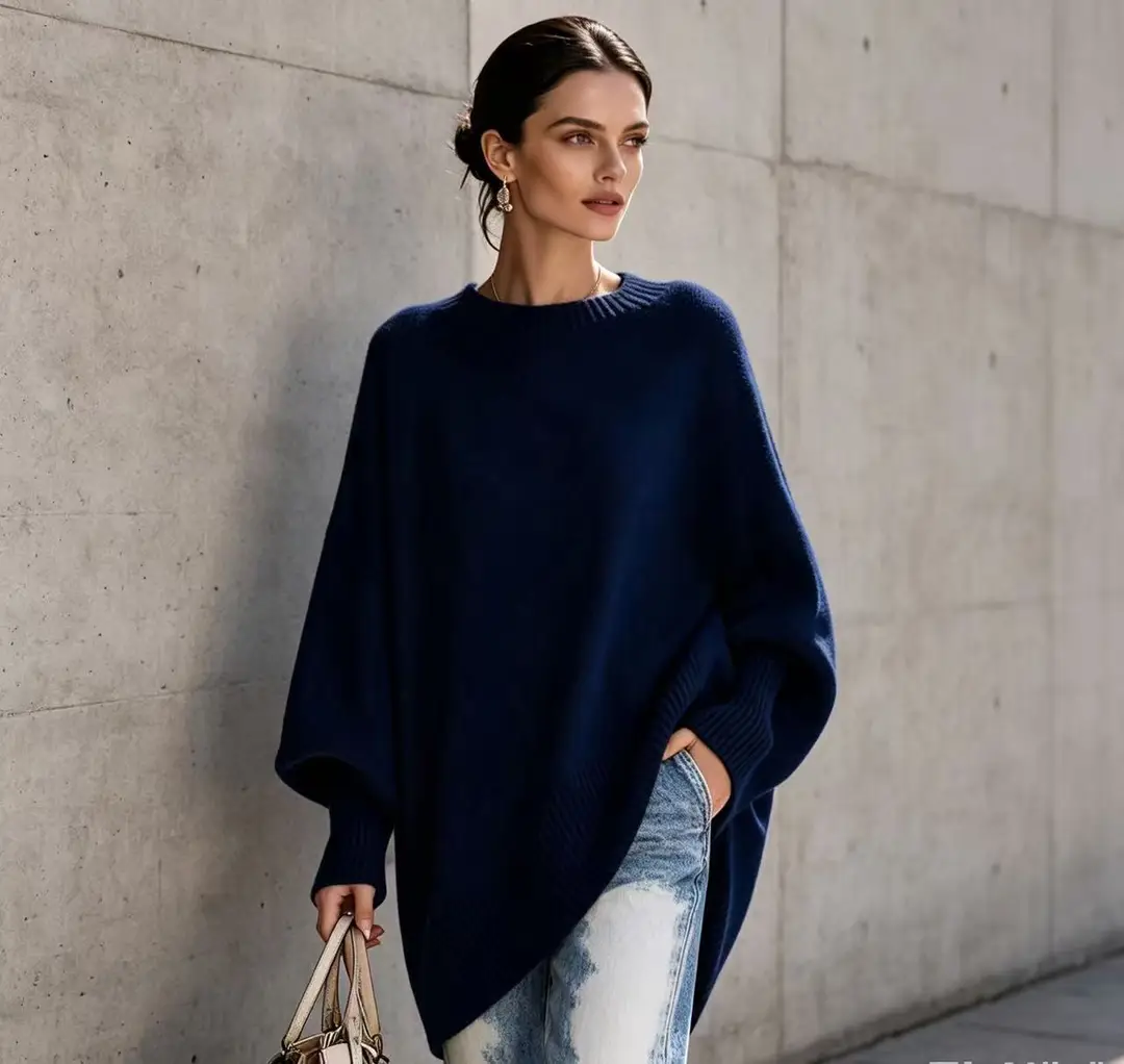 European and American cross-border 2026 autumn and winter round-neck pullover plus-size knit sweater, loose and casual style, solid color women's sweater