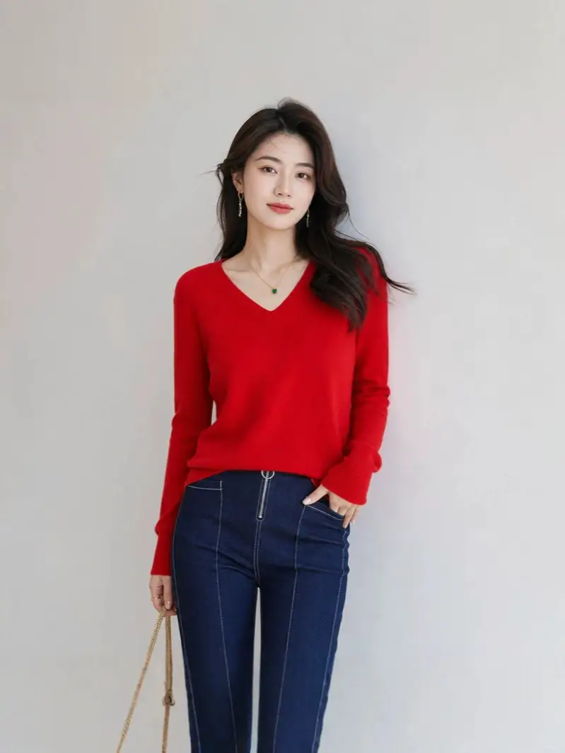 New V-neck long-sleeve pullover women's knitwear for spring, autumn, and winter, plus-size women's top, cross-border hot-selling foreign trade item
