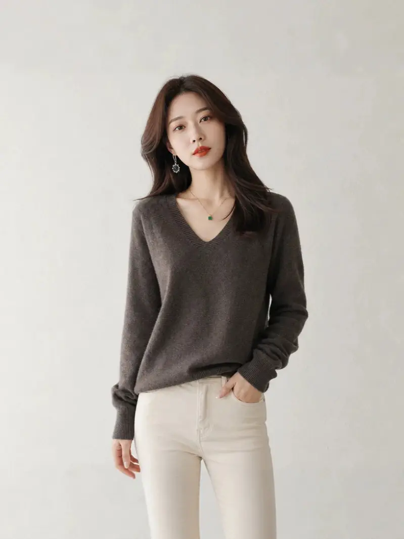 New V-neck long-sleeve pullover women's knitwear for spring, autumn, and winter, plus-size women's top, cross-border hot-selling foreign trade item