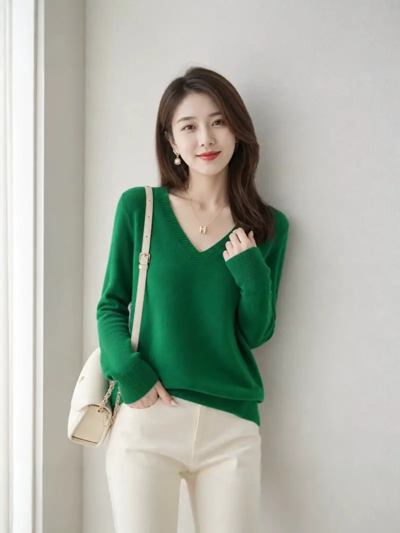 New V-neck long-sleeve pullover women's knitwear for spring, autumn, and winter, plus-size women's top, cross-border hot-selling foreign trade item
