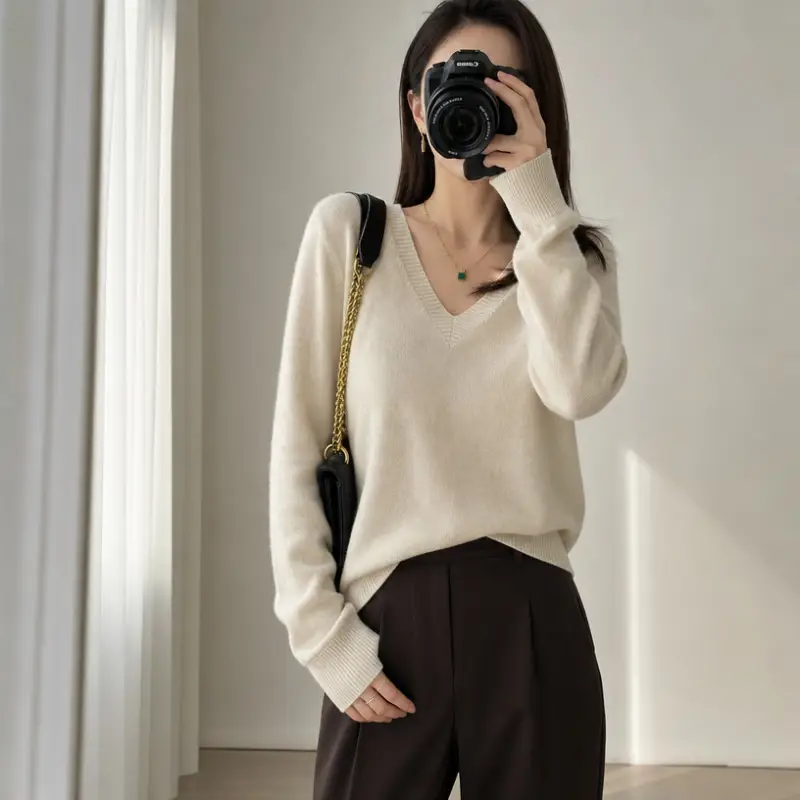 New V-neck long-sleeve pullover women's knitwear for spring, autumn, and winter, plus-size women's top, cross-border hot-selling foreign trade item