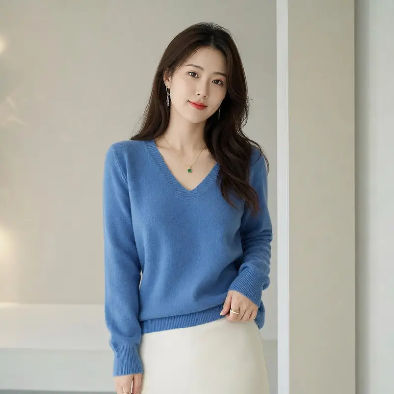 New V-neck long-sleeve pullover women's knitwear for spring, autumn, and winter, plus-size women's top, cross-border hot-selling foreign trade item