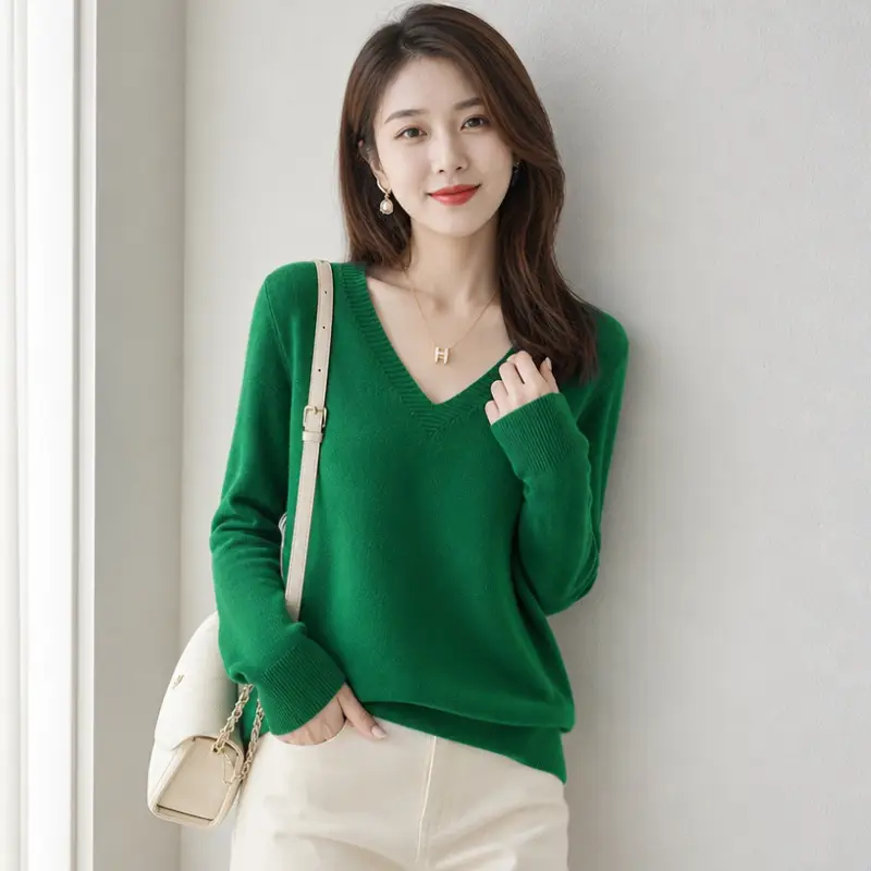New V-neck long-sleeve pullover women's knitwear for spring, autumn, and winter, plus-size women's top, cross-border hot-selling foreign trade item