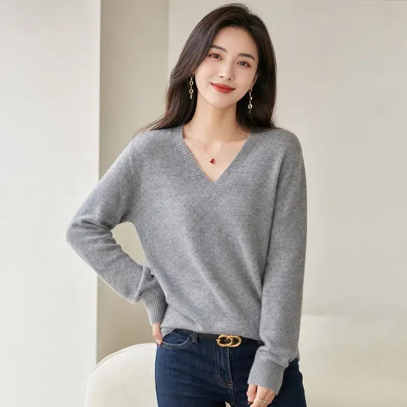 New V-neck long-sleeve pullover women's knitwear for spring, autumn, and winter, plus-size women's top, cross-border hot-selling foreign trade item