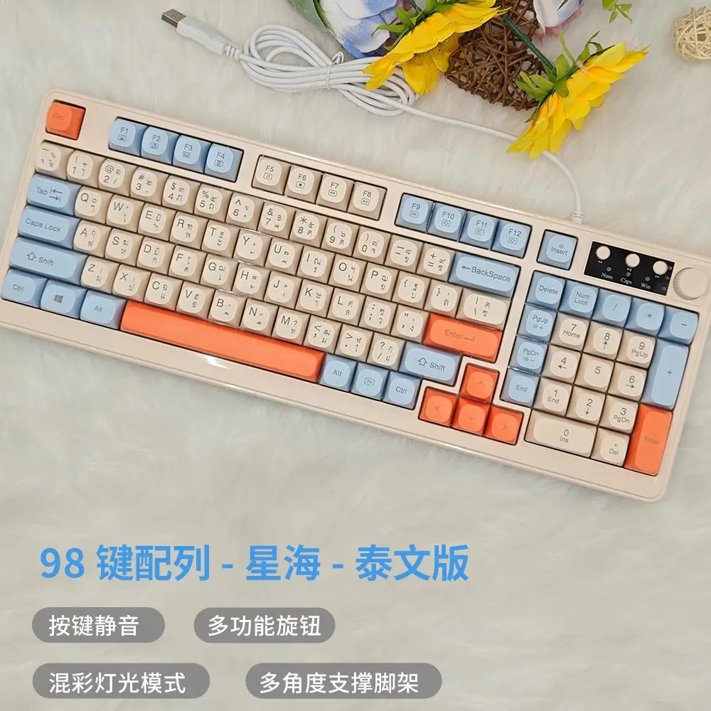 Cross-border 98-key wired keyboard, color-blocked, waterproof, for gaming and office use, silent, backlit, USB computer accessory