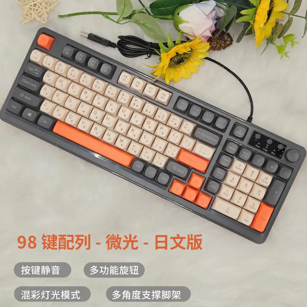 Cross-border 98-key wired keyboard, color-blocked, waterproof, for gaming and office use, silent, backlit, USB computer accessory