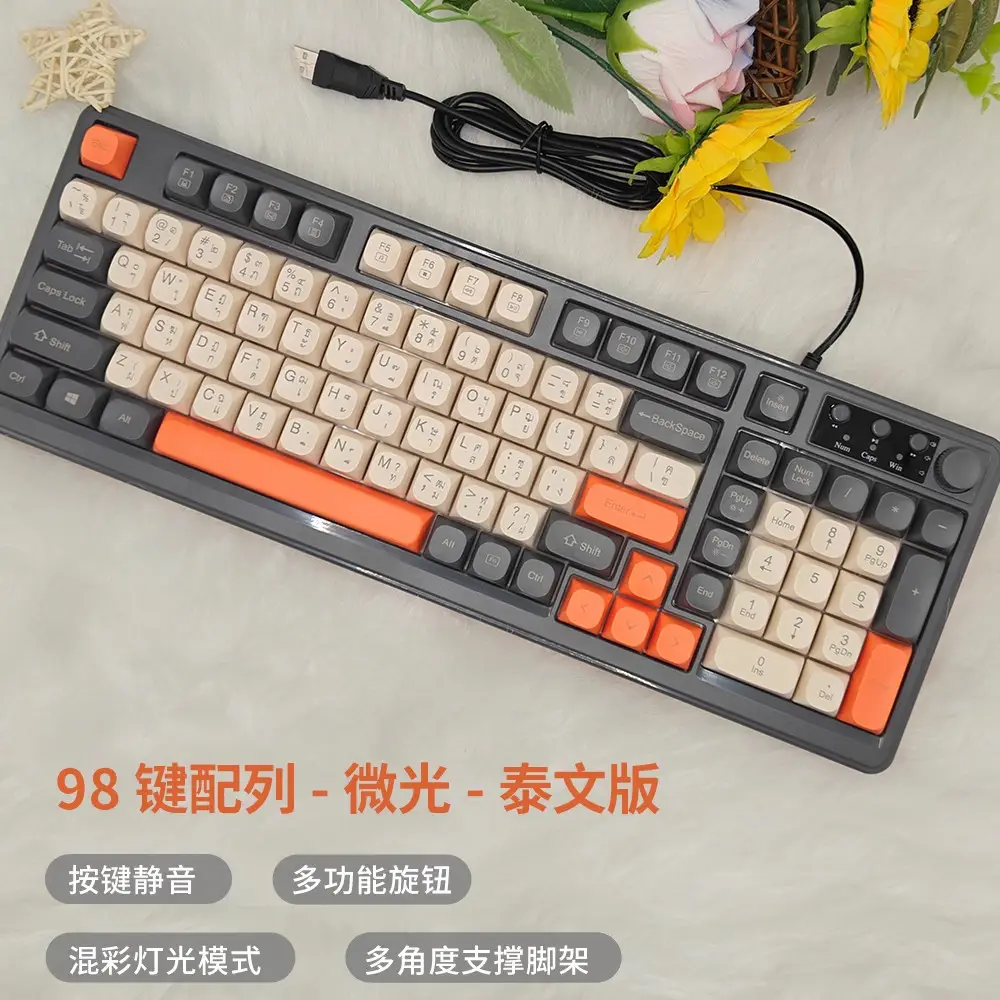 Cross-border 98-key wired keyboard, color-blocked, waterproof, for gaming and office use, silent, backlit, USB computer accessory