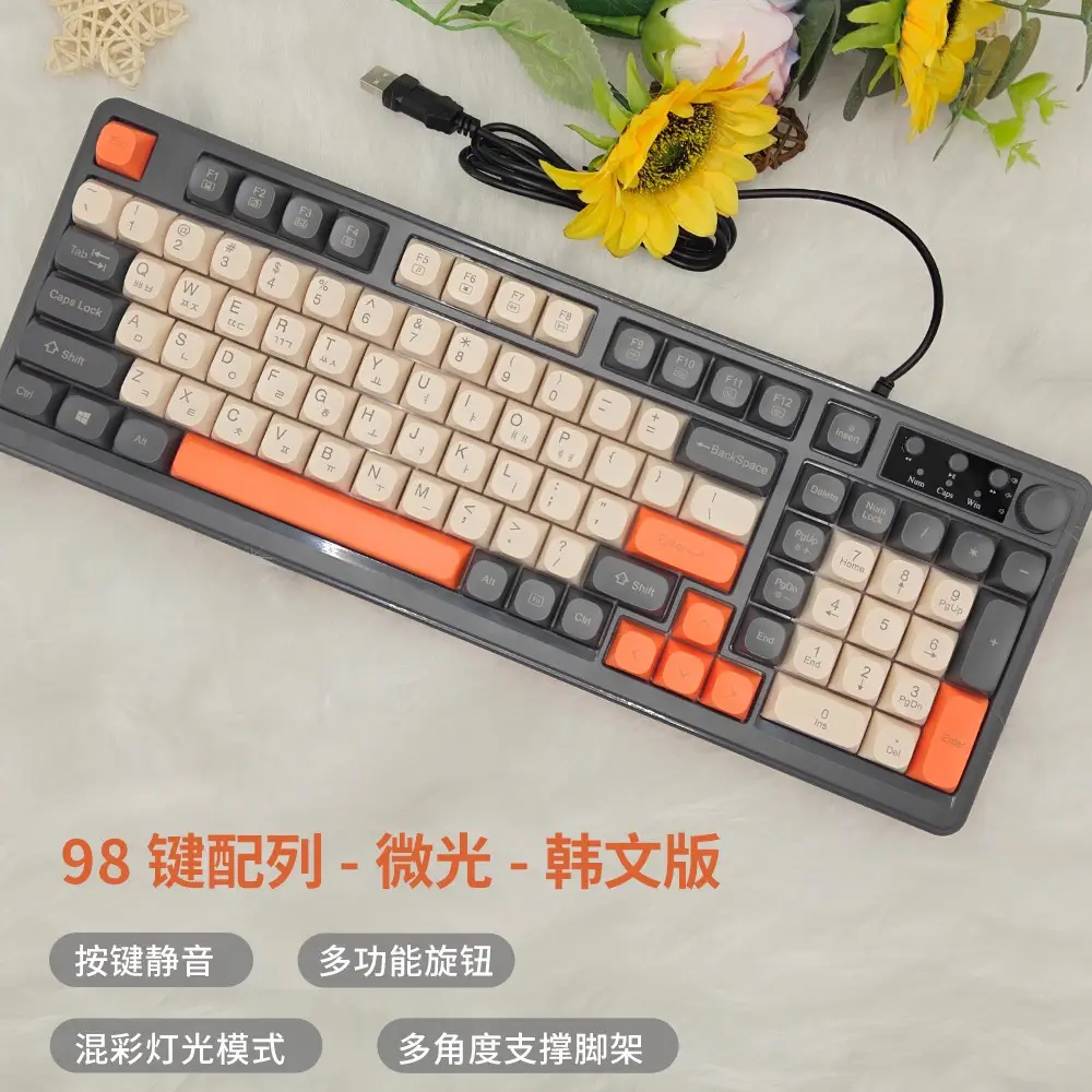 Cross-border 98-key wired keyboard, color-blocked, waterproof, for gaming and office use, silent, backlit, USB computer accessory