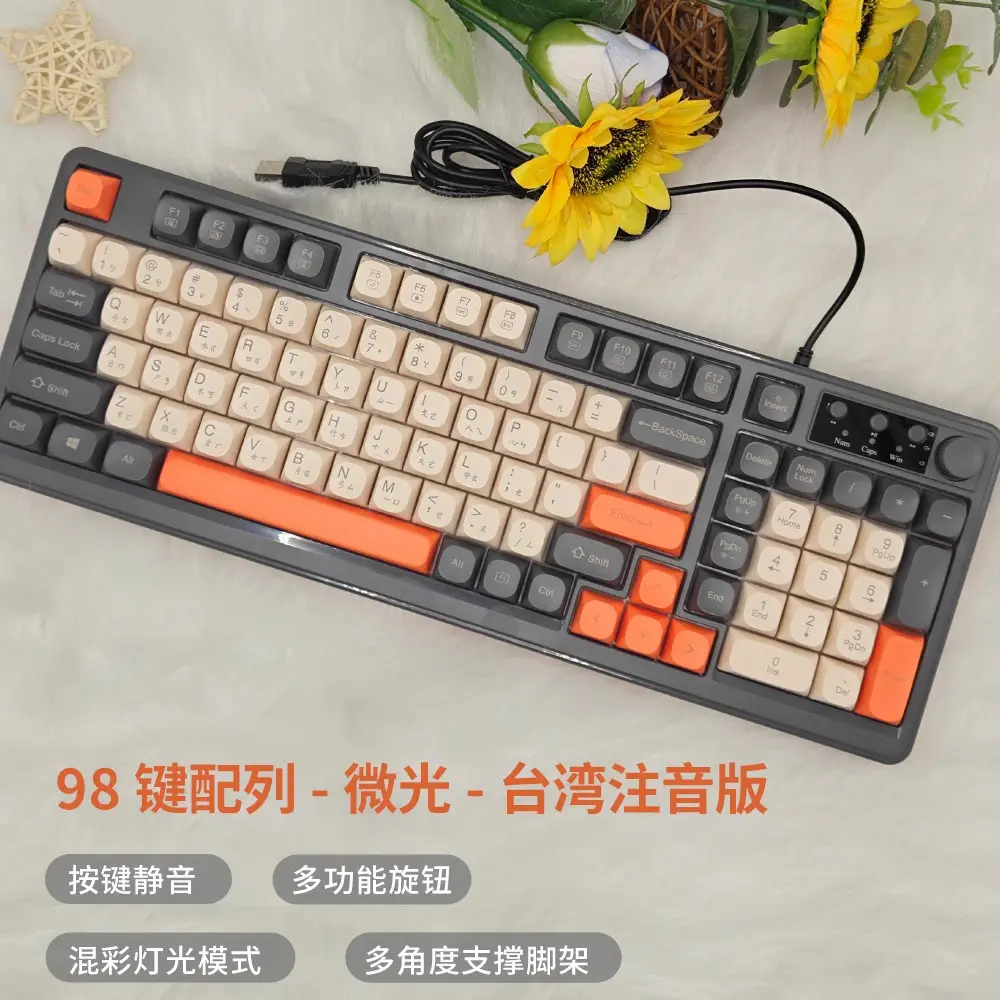 Cross-border 98-key wired keyboard, color-blocked, waterproof, for gaming and office use, silent, backlit, USB computer accessory