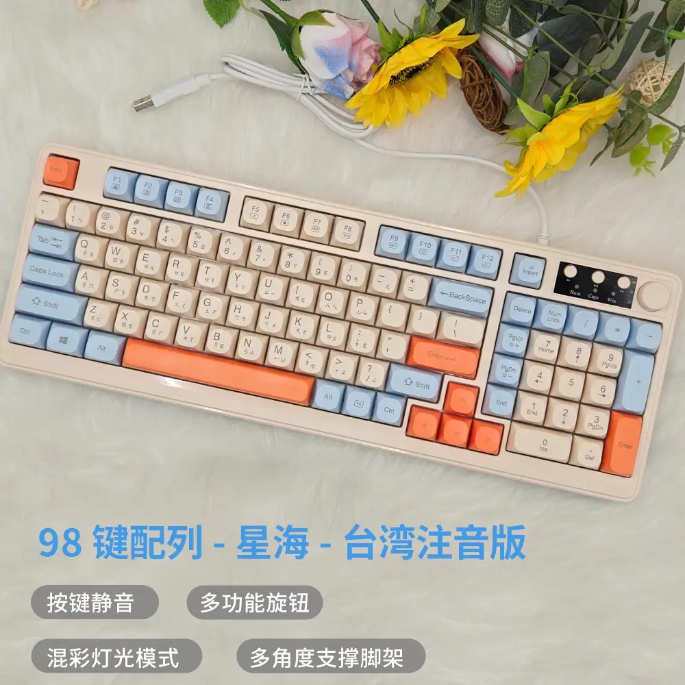 Cross-border 98-key wired keyboard, color-blocked, waterproof, for gaming and office use, silent, backlit, USB computer accessory